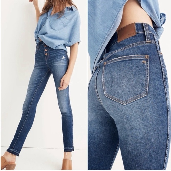 Madewell Denim - Madewell High-Rise Skinny Jeans: Drop-Hem Edition distressed Size 25 Dark wash